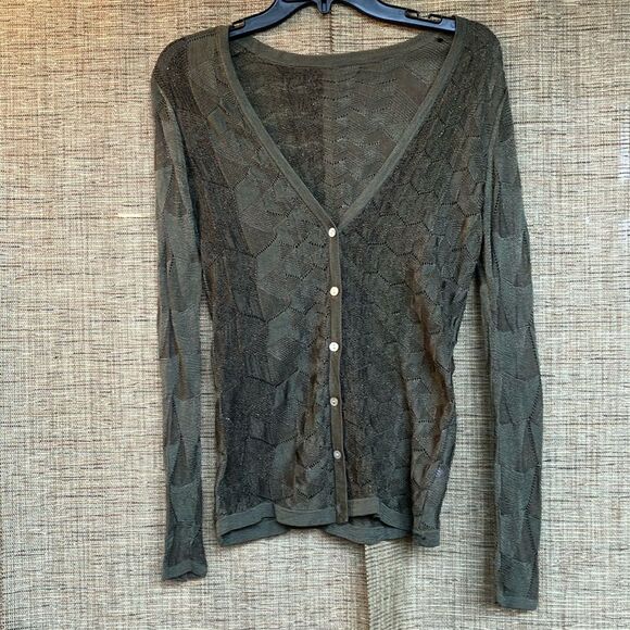 Olive Green Button-Up Cardigan mercerized cotton blend with metallic thread - Picture 1 of 5